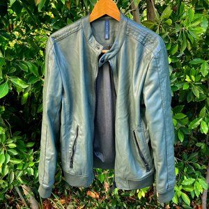 Zara Man Dark Green Faux Leather Bomber Jacket Size L